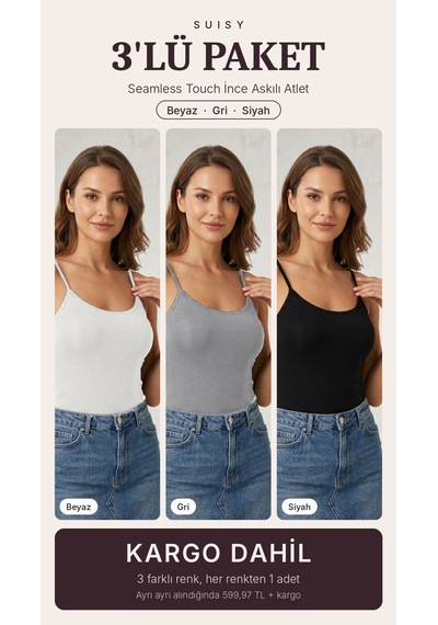 Suısy Seamless Touch İnce Askılı Atlet 3'lü Paket Gri - Siyah - Ten Çok Renkli