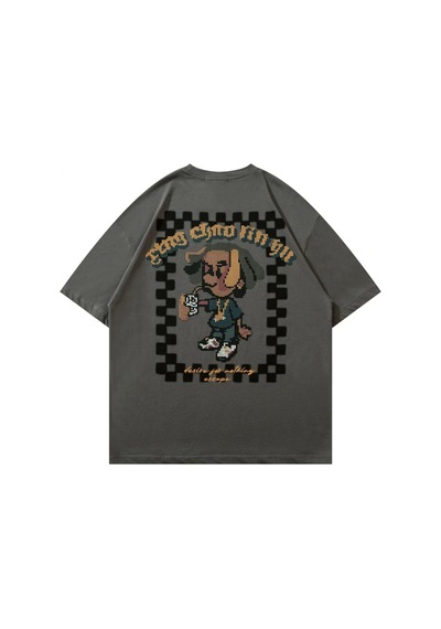 Flood Of Style Antrasit Pixel Karikatür Baskılı Bisiklet Yaka Oversize Erkek Tişört Gri
