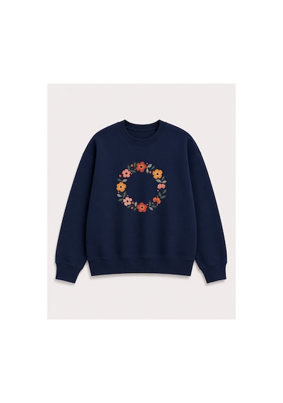 Herkesemoda Halka Çiçekler Baskı Detaylı Şardonlu 2 İplik Bisiklet Yaka Sweatshirt Lacivert