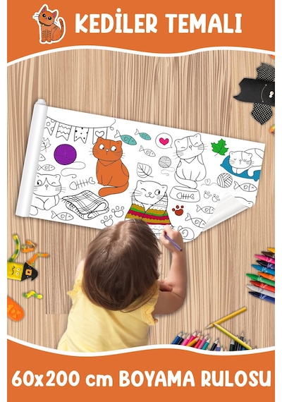 Melolisa Kediler Temalı Dev Boyama Rulosu Bebek Ve Çocuk Için Eğitici 60x250 Cm Aktivite Kağıdı