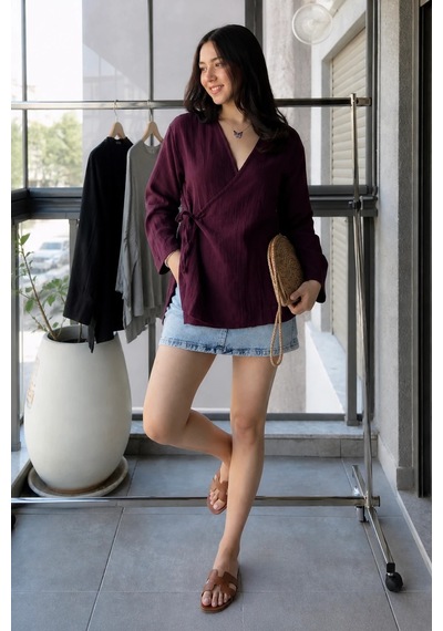 Bbbutikbasic Bağlamalı Müslin Kimono Ceket My3535 Mürdüm