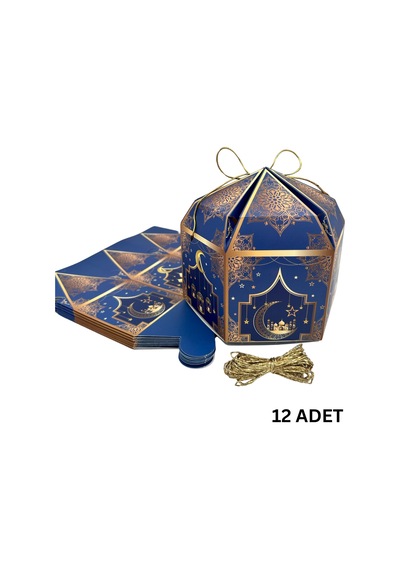 12li Ramazan Hediye Kutusu & Altın İp Seti 10m , Kandil, Şeker Ve Çikolata Kutusu, 16x16x10 Cm