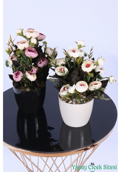 Yapay Çiçek Sitesi Plastik Saksıda Yapay Tomurcuklu Ranunkulus Tanzimi 2'li Set 30 Cm Pembe Krem - Ekru