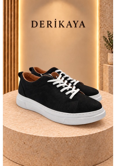 Deri Kaya Erkek Nubuk Deri Bağcıklı Günlük Sneaker Spor Ayakkabı Siyah