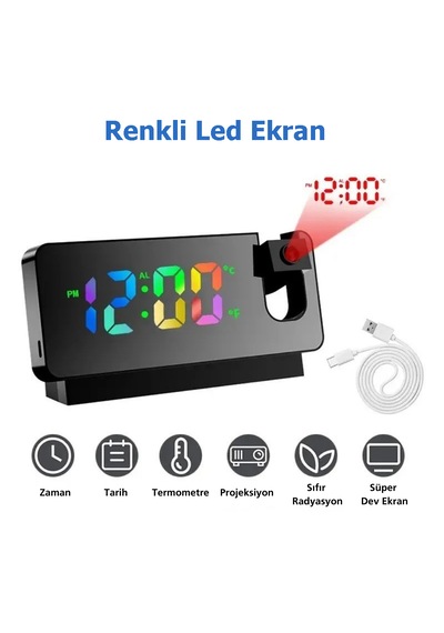 Techtic Çok Fonksiyonlu Projeksiyon Masa Saati Renkli Ekran Alarm