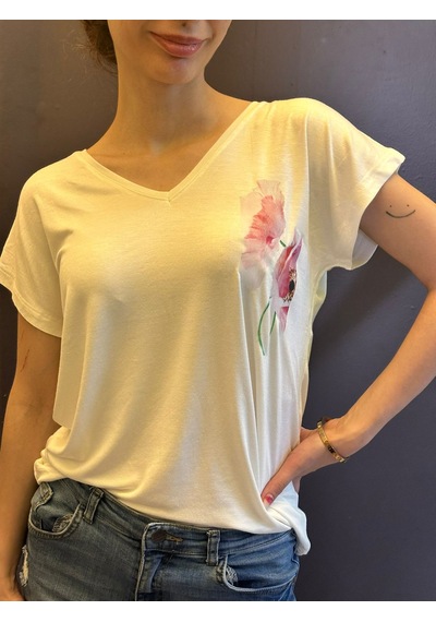 V Yaka Çiçek Desenli Kadın T-shirt Beyaz