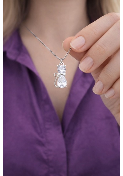 Çekirdekjewelry Kedi Tasarımlı 925 Ayar Gümüş Zirkon Taşlı Şık Kadın Kolyesi Gümüş