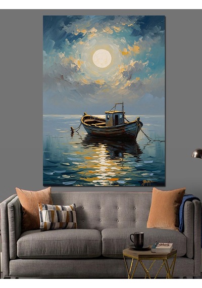 Ahşap Tablo Gece Denizde Yalnız Tekne Çocuk Odası Tabloları