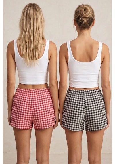 Siyah İnci 2'li Mevsimlik İnce Örme Şortlu Pijama Altı 8064 Siyah Kırmızı Ekose