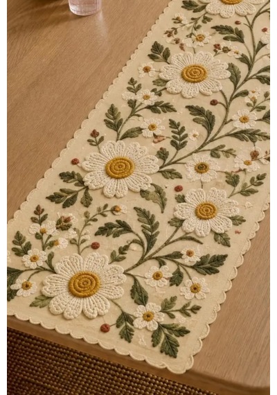 Vivanni Home Yıkanabilir Dikdörtgen Runner Günlük Kullanıma Uygun, Pratik Ve Uzun Ömürlü Papatya Beyaz