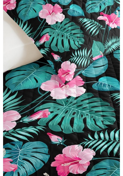 Tropikal Çiçekli Siyah Tek Kişilik Pike Takımı-botanik Yapraklı Pembe Turkuaz 160x220cm Yatak Örtüsü Bulanık Ot Nefesi