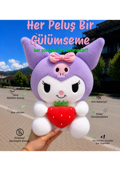Yeni Seri Çilekli Kuromi Peluş Oyuncak 50cm - Hediyelik Oyuncak & Polly Toys Açık Mor