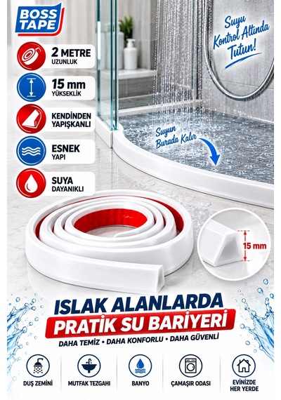 Kendinden Yapışkanlı Su Bariyeri Beyaz 2 Metre 15 Mm Esnek Duşakabin Su Tutucu Bant Su Bariyeri