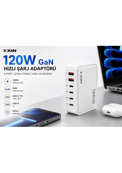 120w Gan Çok Portlu Şarj Cihazı, 6 Port, 2x Usb-a 3a + 3x Usb-c 20w + 1x Usb-c 30w, Beyaz Beyaz