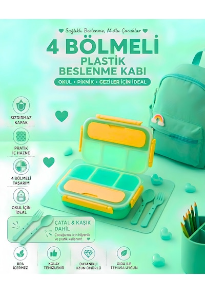 Sızdırmaz Kapaklı, Çatal Ve Kaşıklı 4 Bölmeli Çocuk Beslenme Kabı / Beslenme Kutusu Açık Yeşil