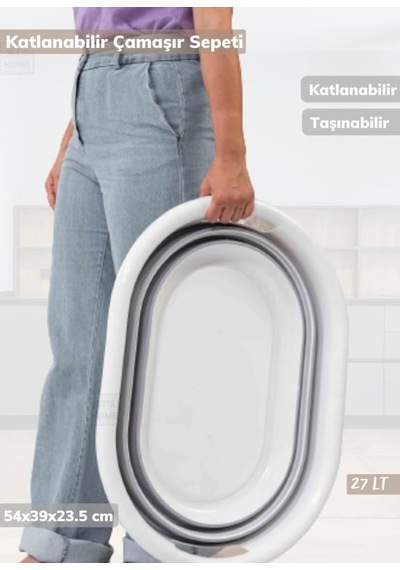 Çamaşır Sepeti Katlanır Sele Silikon Sepet Küçük Boy 27 Lt. Beyaz Gri