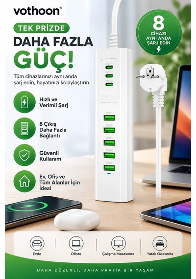 8 Portlu Çoklu Usb Şarj İstasyonu 5 Usb + 3 Type-c Masaüstü Çoklu Şarj Cihazı 1