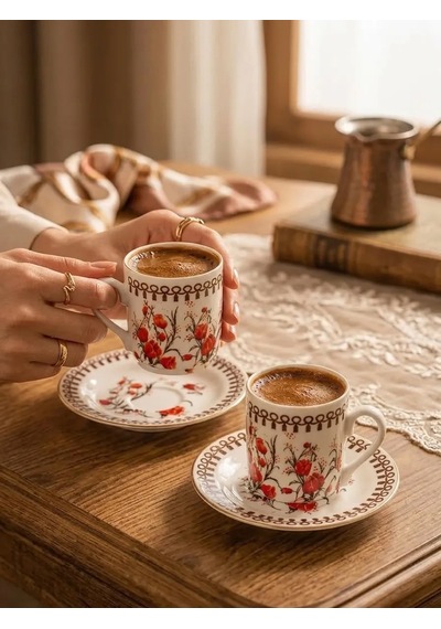 Çiçek Desenli Türk Kahvesi Fincan Takımı 2 Kişilik, Vintage Kahve Fincanı Seti Kiremit