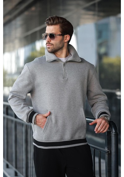 Madmext Grimelanj Fermuarlı Dik Yaka Kanguru Cep Erkek Sweatshirt E7159 Grimelanj
