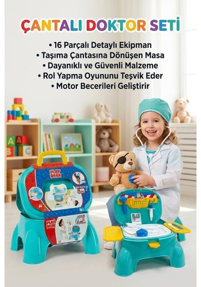 Taşınabilir Çantalı Tabure Olabilen 16 Parçalı Eğitici Çeşitli Doktor Aletli Oyuncak Seti
