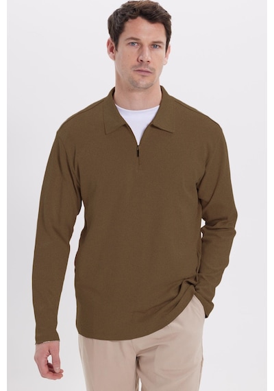 Tudors Erkek Relax Fit Rahat Kesim %100 Pamuk Yarım Fermuarlı Polo Yaka İnterlok Koyu Vizon Sweatshirt-42173 Koyu Vizon
