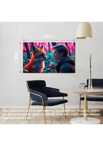 Tilki Neon Ormanda Bir İnsanla Etkileşim Mistik 02 Çerçevesiz 50x30 Cm Pvc Tablo