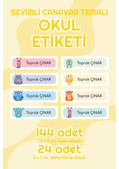 Sevimli Canavarlar Temalı Isimli Okul Etiketi Sticker Seti