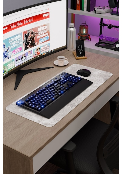 Beyaz Mermer Kaymaz Dikişli Kauçuk Oyuncu Mousepad V4 - 70x30 Xl Gaming Mouse Pad Fare Altlığı