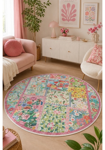 Peace Dijital Kaymaz Yıkanabilir Renkli Yuvarlak Salon Halısı Çocuk Halısı 140 X 140 Cm Çok Renkli