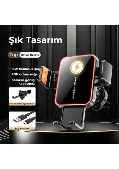 Sd15 15w Hızlı Kablosuz Şarjlı Araç Telefon Tutucu - Rgb Işıklı, Havalandırma Uyumlu, Sarsıntı Önleyici Otomatik Kavramalı