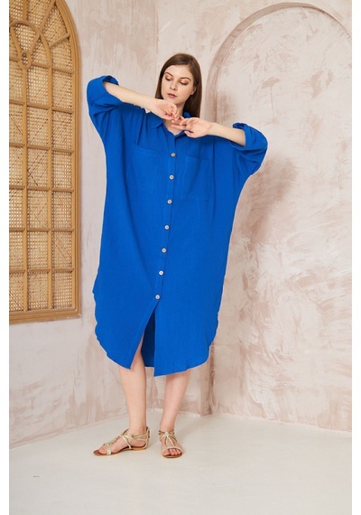 Yıldızistan Kadın Saks Müslin Extra Geniş Oversize Yarasa Kol Cepli Uzun Kollu Yazlık Gömlek Elbise 3440495 Saks Mavi Yıldızistan Kadın Saks Müslin Extra Geniş Oversize Yarasa Kol Cepli Uzun Kollu Yazlık Gömlek Elbise 3440495 Saks Mavi