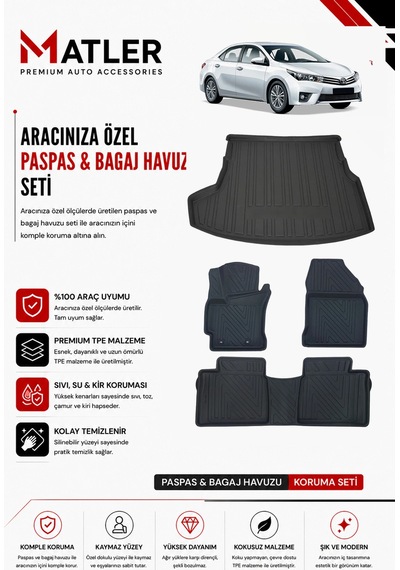 Toyota Corolla 2015 Model 4d Ekstra Havuzlu Paspas Ve Bagaj Havuzu Set