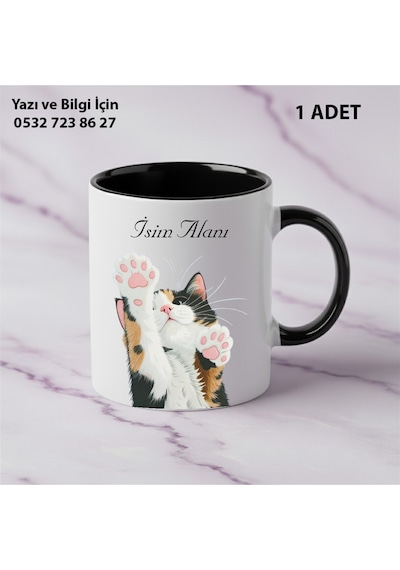 Siyah Kedi Baskılı Kişiye Özel İsimli Hediyelik Kupa Bardak-kedi Sevenler İçin Özel Hediye Siyah