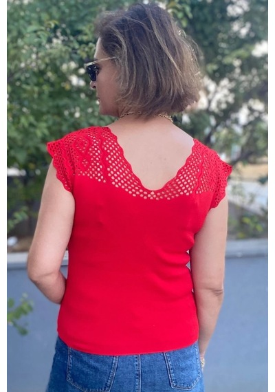 Mia Butik Kadın Kırmızı Sıfır Kol Ajurlu Triko Bluz Kırmızı