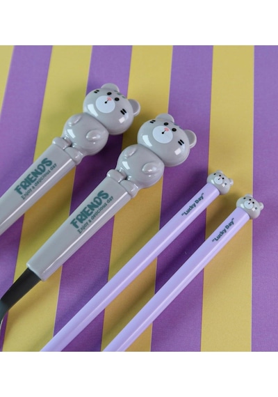 Hayvan Figürlü Çocuk Çatal Kaşık Ve Chopstick Seti 3'lü Takım Gri