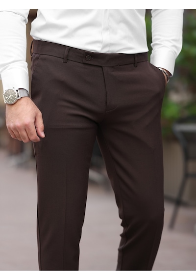 A Kalite Slim Fit Likralı Kumaş Pantolon Kahverengi