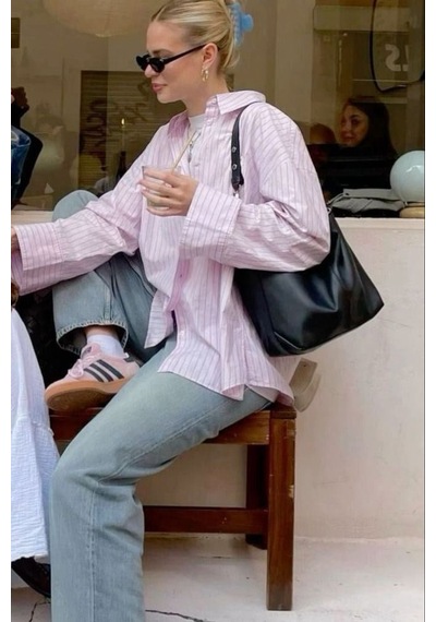 Pembe Çizgili Oversize Kadın Gömlek Mg2732 Pembe