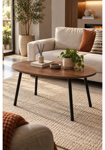 Sulorahome Ceviz Desenli Metal Ayaklı Oval Orta Sehpa