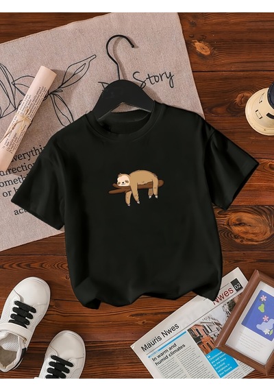 Uyguntarz Çocuk Dalda Uyuya Kalmış Maymun Baskılı Tasarım Tshirt Siyah