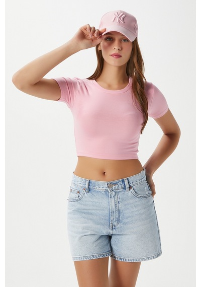 Ritnice Kadın Deal Lux Touch Yumuşak Doku Crop Pembe Bluz