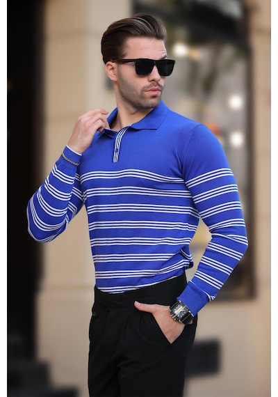 Madmext Saks Düğmeli Polo Yaka Çizgili Uzun Kollu Kazak 7270 Saks
