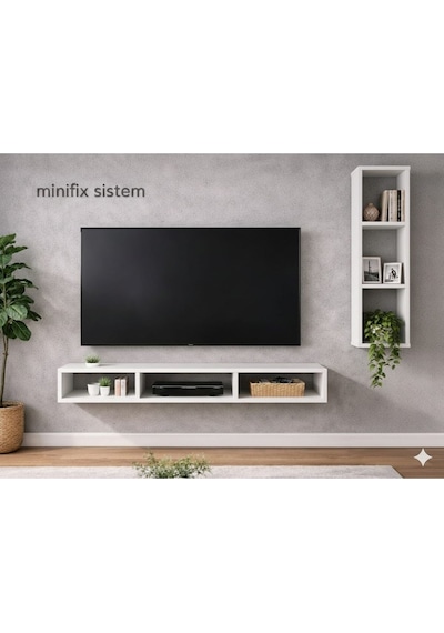 Dekoratif Duvar Rafı - Tv Ünitesi 2 Parçalı Beyaz 90x90 Beyaz