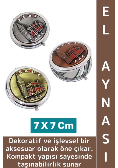 Wintoup Çanta Cep Boy Dekoratif Hediyelik Çok Şık Estetik Kabartmalı İstanbul Motifli Metal El Aynası 7 Cm