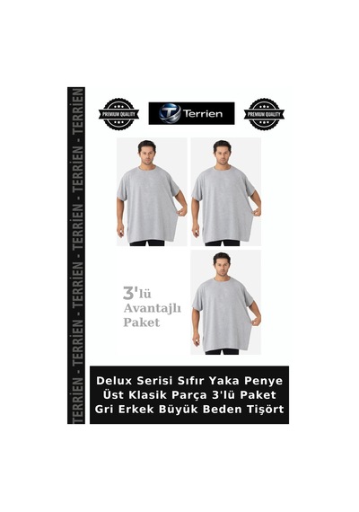 Terrien Delux Serisi Sıfır Yaka Penye Üst Klasik Parça 3'lü Paket Gri Erkek Büyük Beden Tişört Gri-3