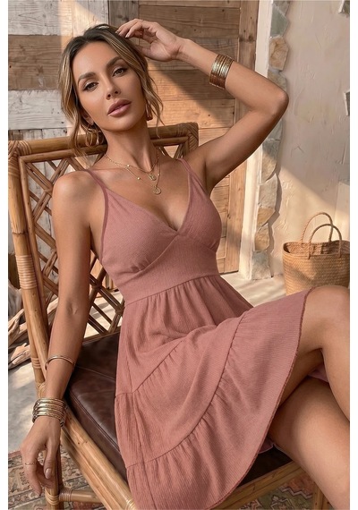 Bella Notte Gül Kurusu Sırt Dekolteli V Yaka Yazlık Elbise Pembe
