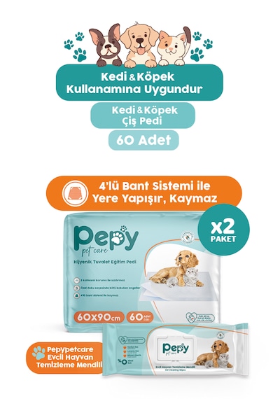 Pepy Çiş Pedi Yatak Koruyucu 60x90cm 2 Paket 60 Adet + Evcil Hayvan Temizleme Mendili 2 Paket 100 Adet