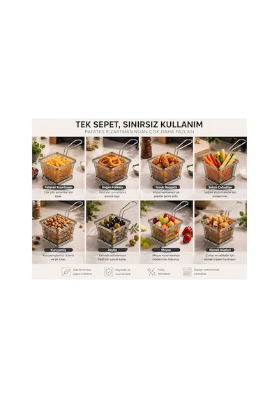 Paslanmaz Mini Sunum Sepeti, Patates Kızartması, Börek, Soğan Halkası Servis Sepeti Sunumluk Metal Rengi