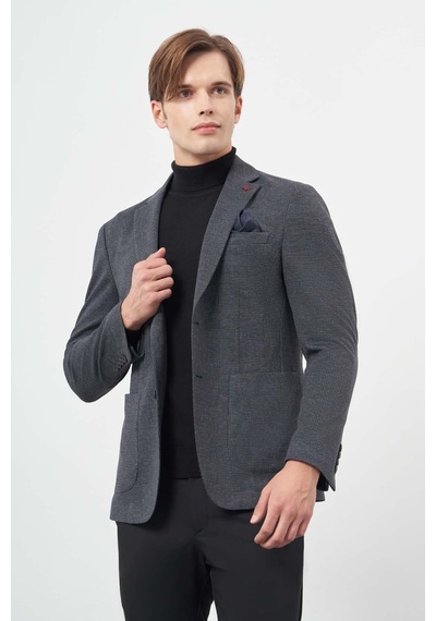 İmza Koyu Lacivert Ekose Desen Örme Mono Yaka Astarsız Çift Yırtmaç 2 Düğme 6 Drop Slim Fit Casual Ceket 1002245152 Koyu Lacivert