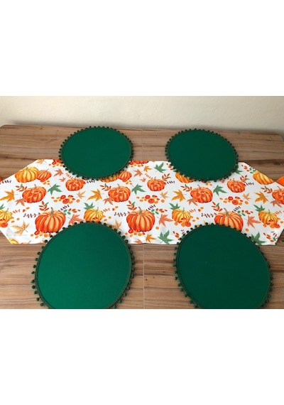 Balkabağı Desenli Runner & Ponponlu Yesil Supla Çok Renkli