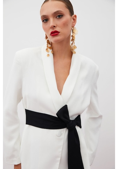 Sateen Beli Kuşaklı Uzun Ceket - Ekru